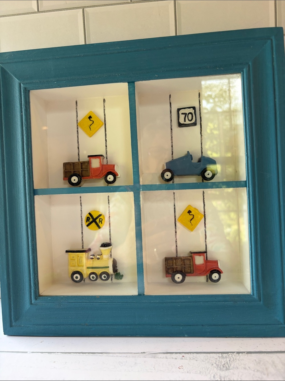 Teal Framed Toy Vehicles Wall Shadow Box Art